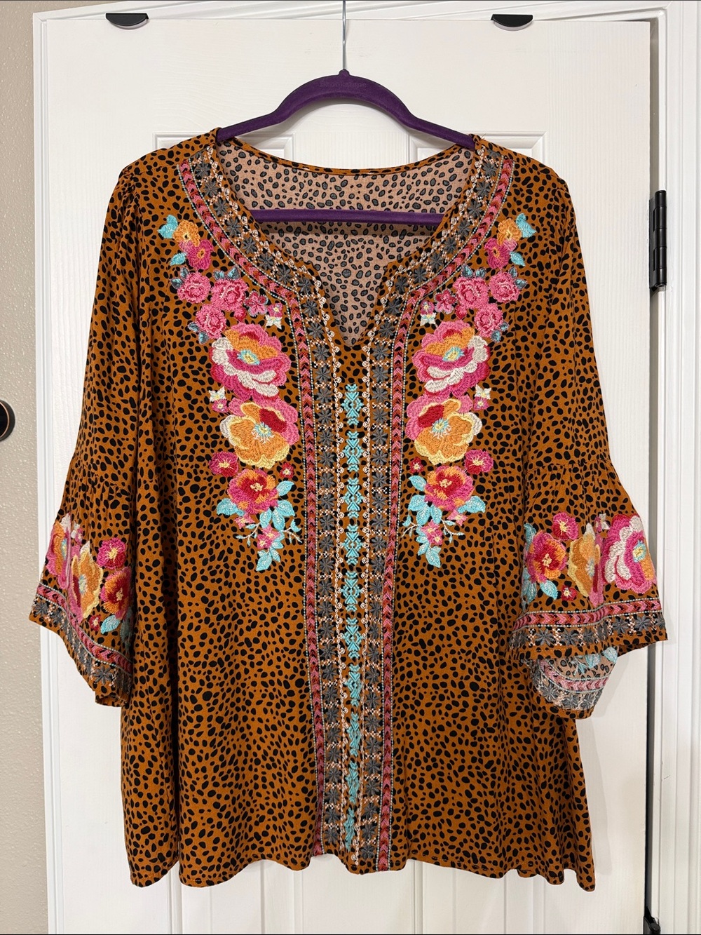 Embroidered Floral and leopard Tunic Top - Rust with Pink Accents.